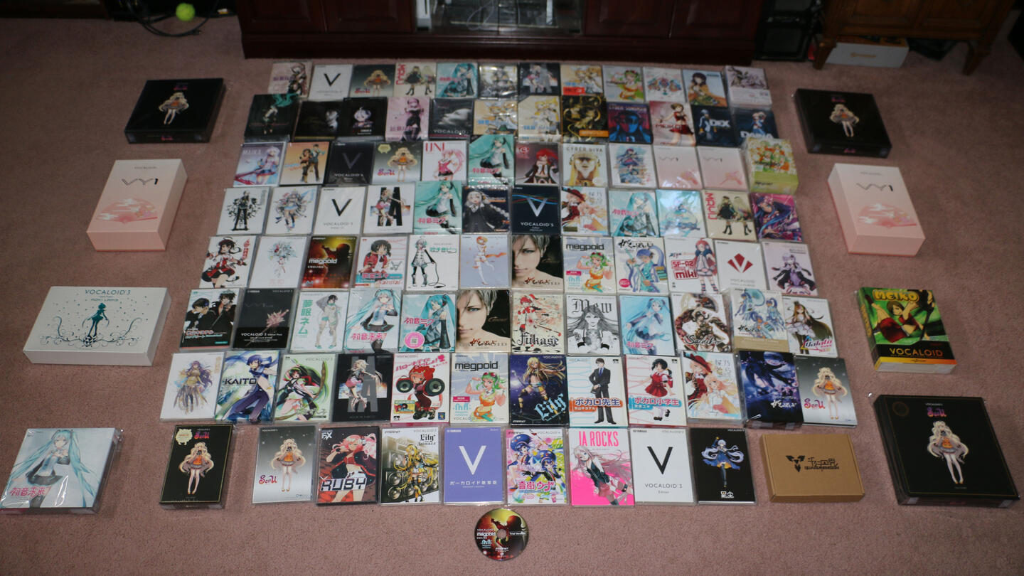 a picture of several physical vocaloids. most of them are official, but there's a few homemade boxes for download only products.